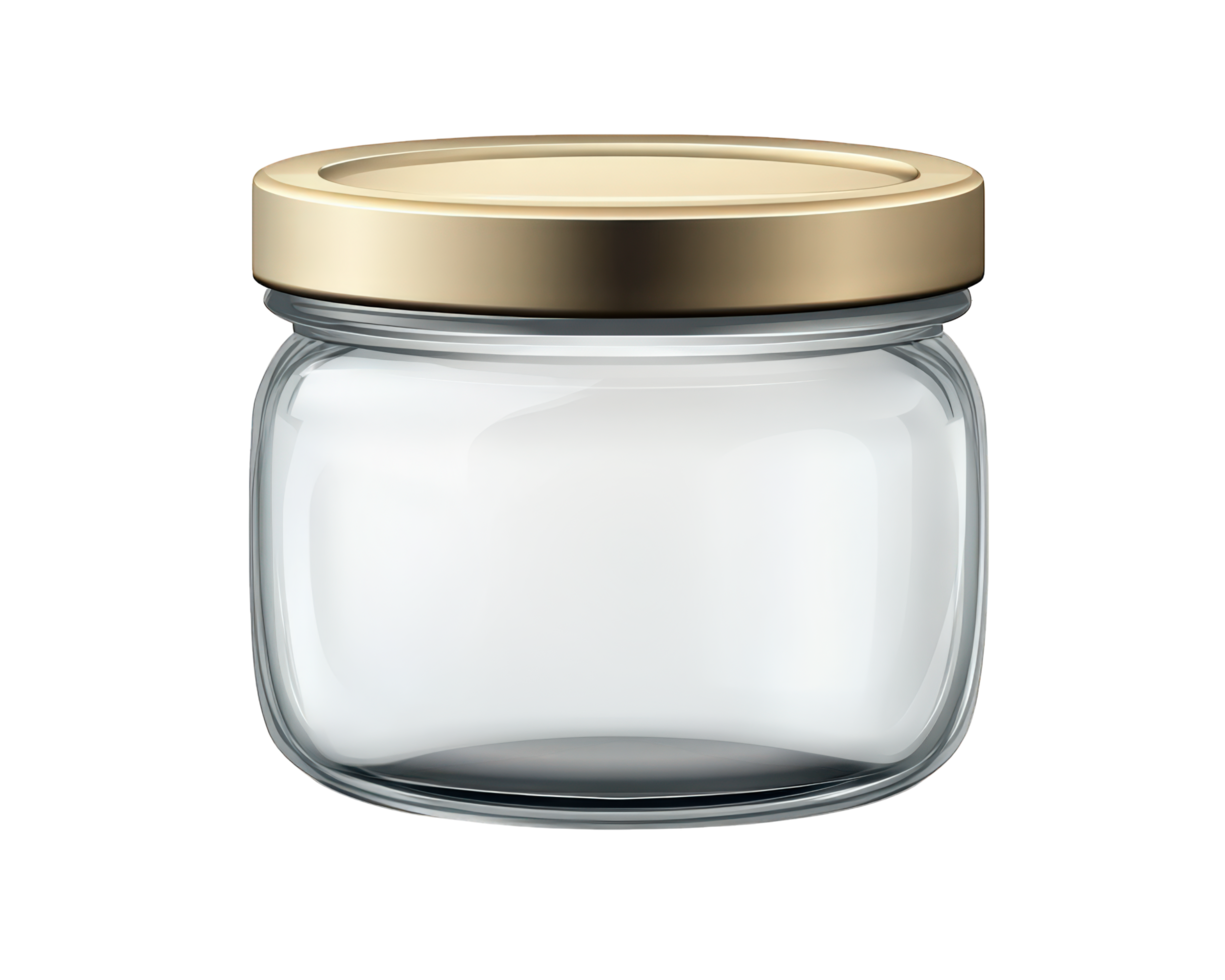 glass jar with metallic lid, perfect for storage or packaging. Its sleek design and transparent body allow for easy visibility of contents, making it ideal for various uses png
