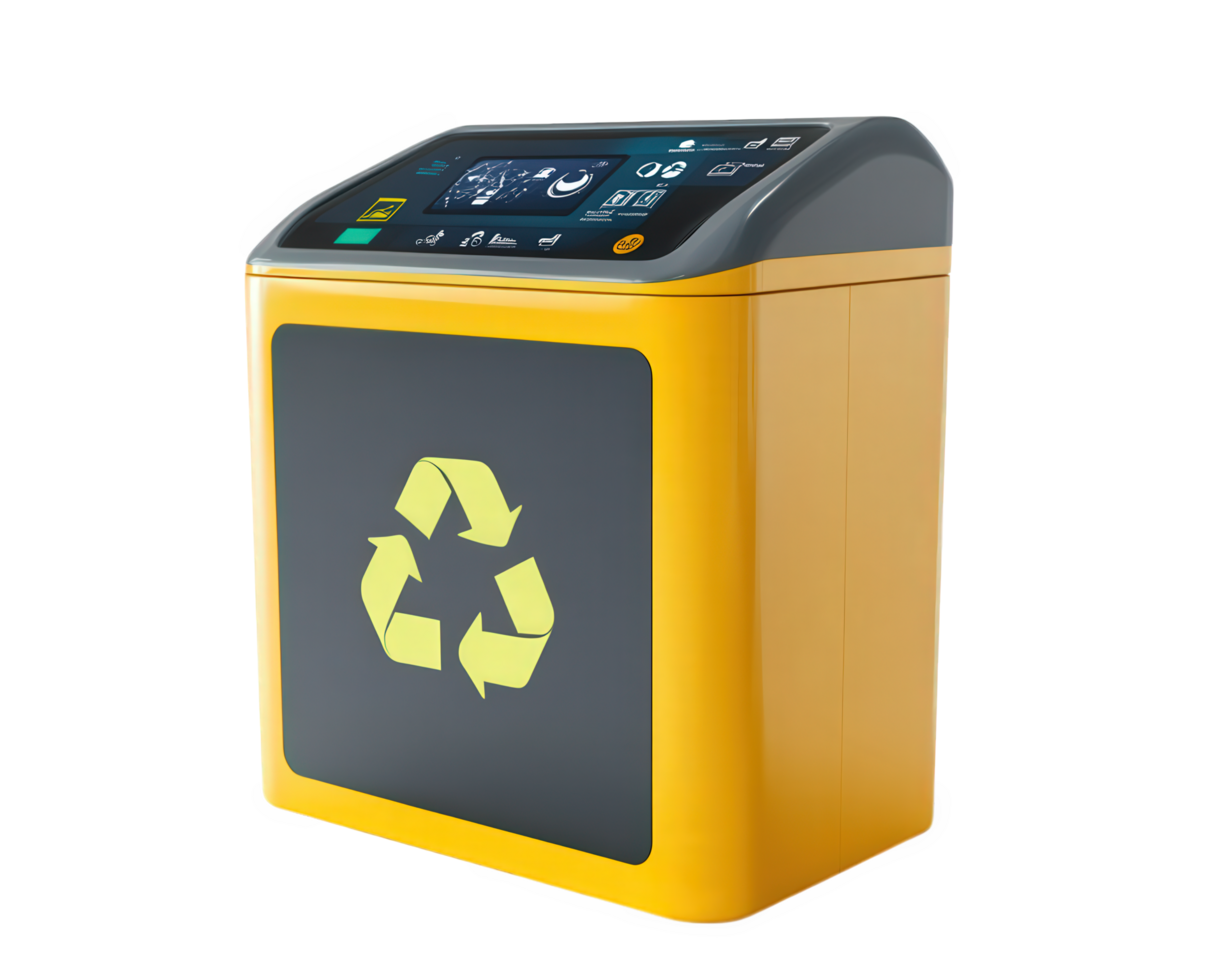 Smart recycling bin with digital screen for waste management, featuring yellow and gray design. Ideal for promoting eco friendly practices and sustainability png