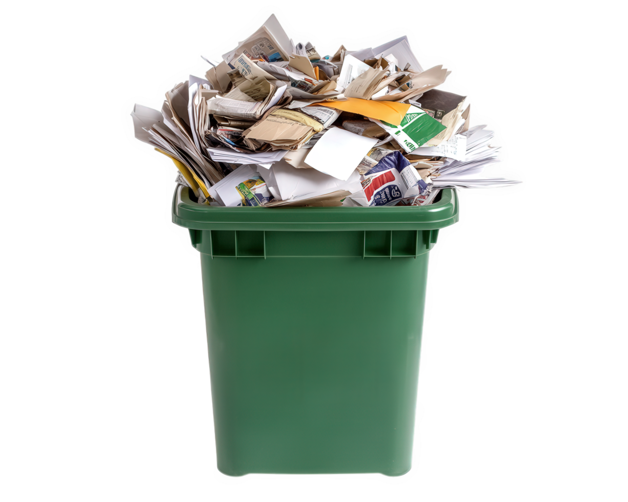 Overflowing recycling bin filled with paper waste, highlighting importance of recycling and waste management. This emphasizes environmental concerns and need for responsible disposal png