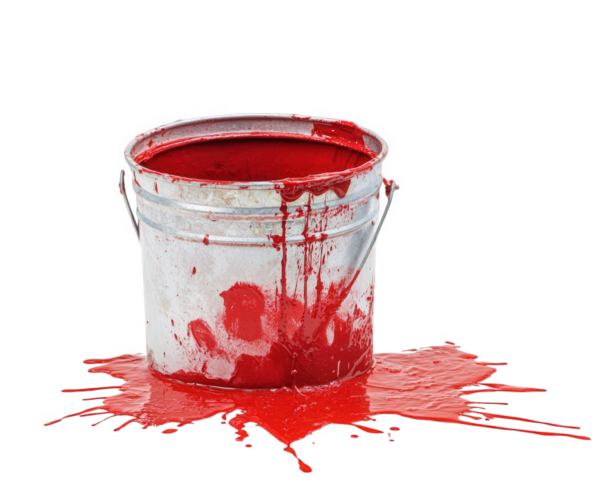 paint bucket spilling red paint, creating vibrant splash on transparency background. scene captures dynamic flow of paint, evoking creativity and artistic expression png