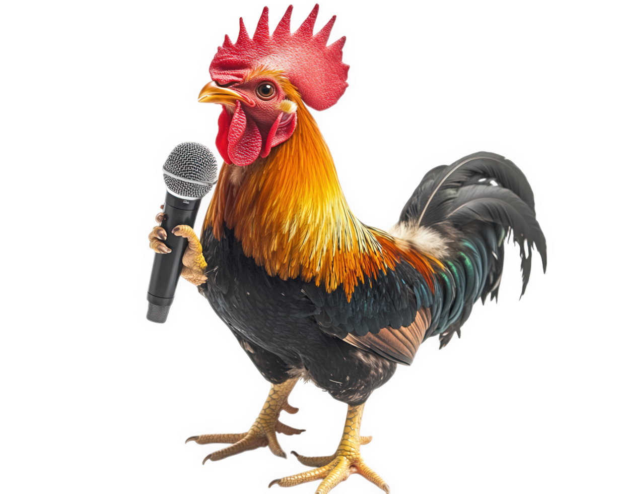 rooster holding microphone, ready to perform on stage, showcasing vibrant feathers and confident stance. This unique image captures playful spirit of singing bird png