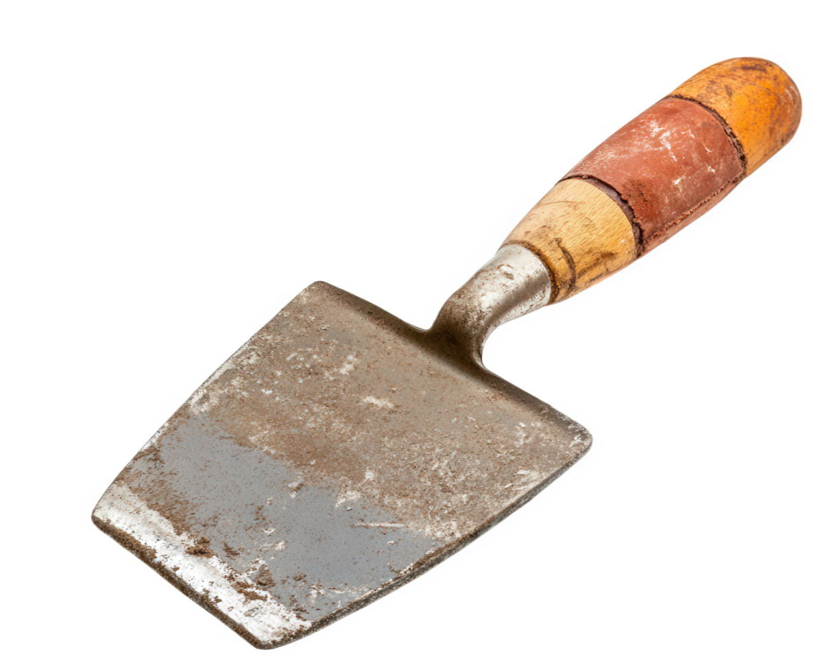bricklaying trowel with wooden handle, showing signs of wear and tear, ideal for construction and masonry work png