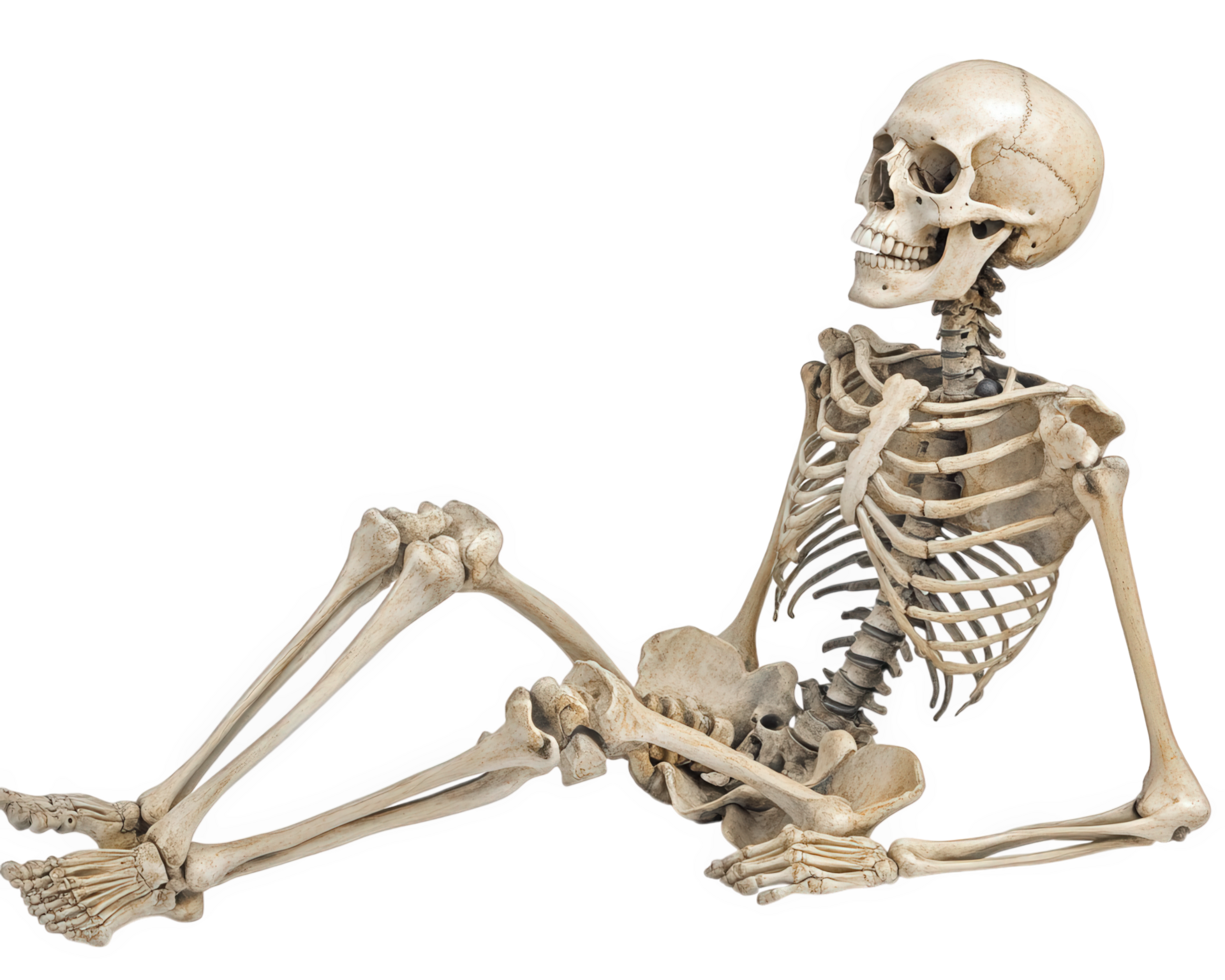 detailed human skeleton in relaxed pose, showcasing anatomical features and structure. This full body representation is ideal for educational purposes and anatomical studies png