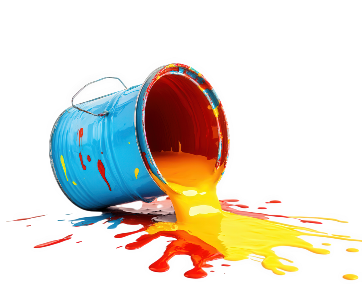 spilled paint bucket with vibrant yellow and red paint flowing out, creating colorful mess on transparency background. This captures essence of creativity and artistic expression png