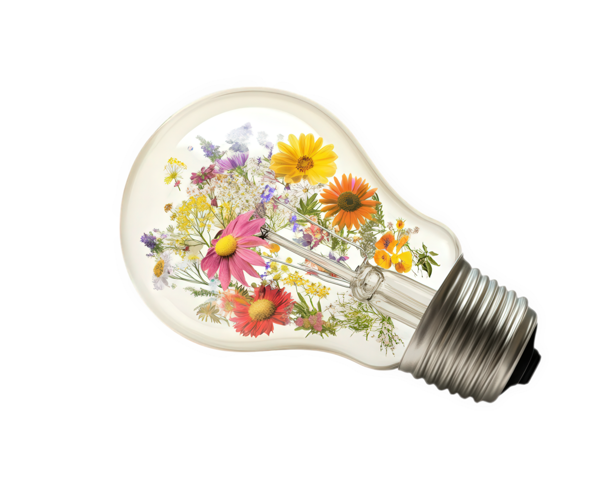 light bulb filled with colorful floral designs, showcasing nature beauty and creativity. This unique design combines functionality with artistic expression png