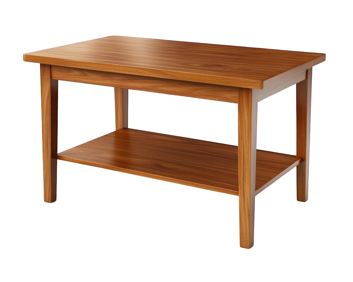 Wooden coffee table with lower shelf, perfect for living rooms or lounges. Its sleek design and warm finish add touch of elegance to any space png