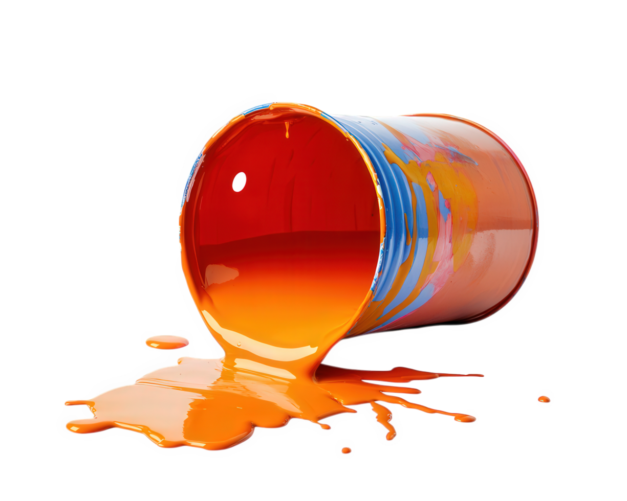 spilled paint bucket with vibrant orange paint flowing out, creating colorful mess. bright colors evoke creativity and artistic expression png