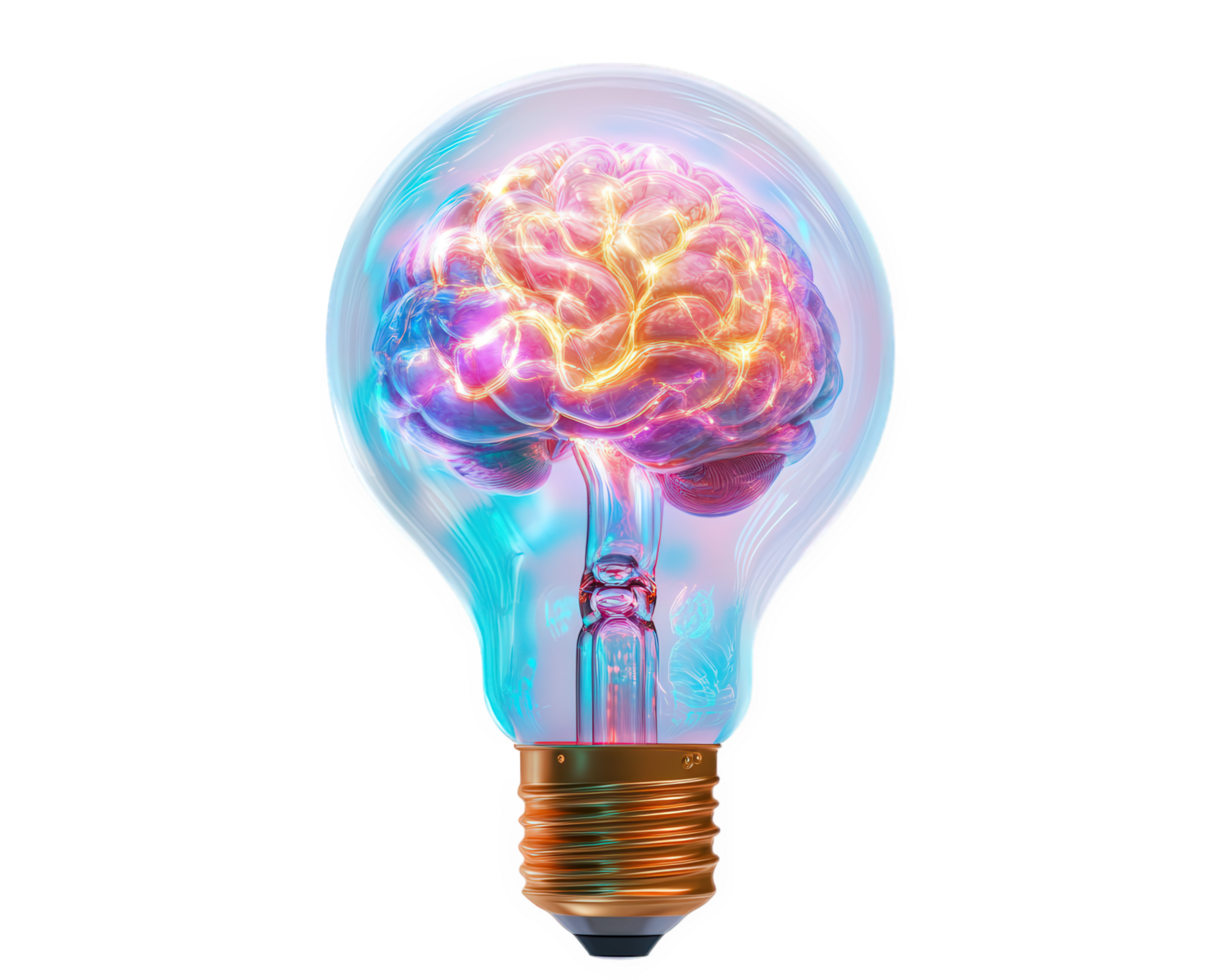 glowing brain shaped filament inside light bulb symbolizes creativity and innovation. This unique design merges intellect with illumination, inspiring new ideas png