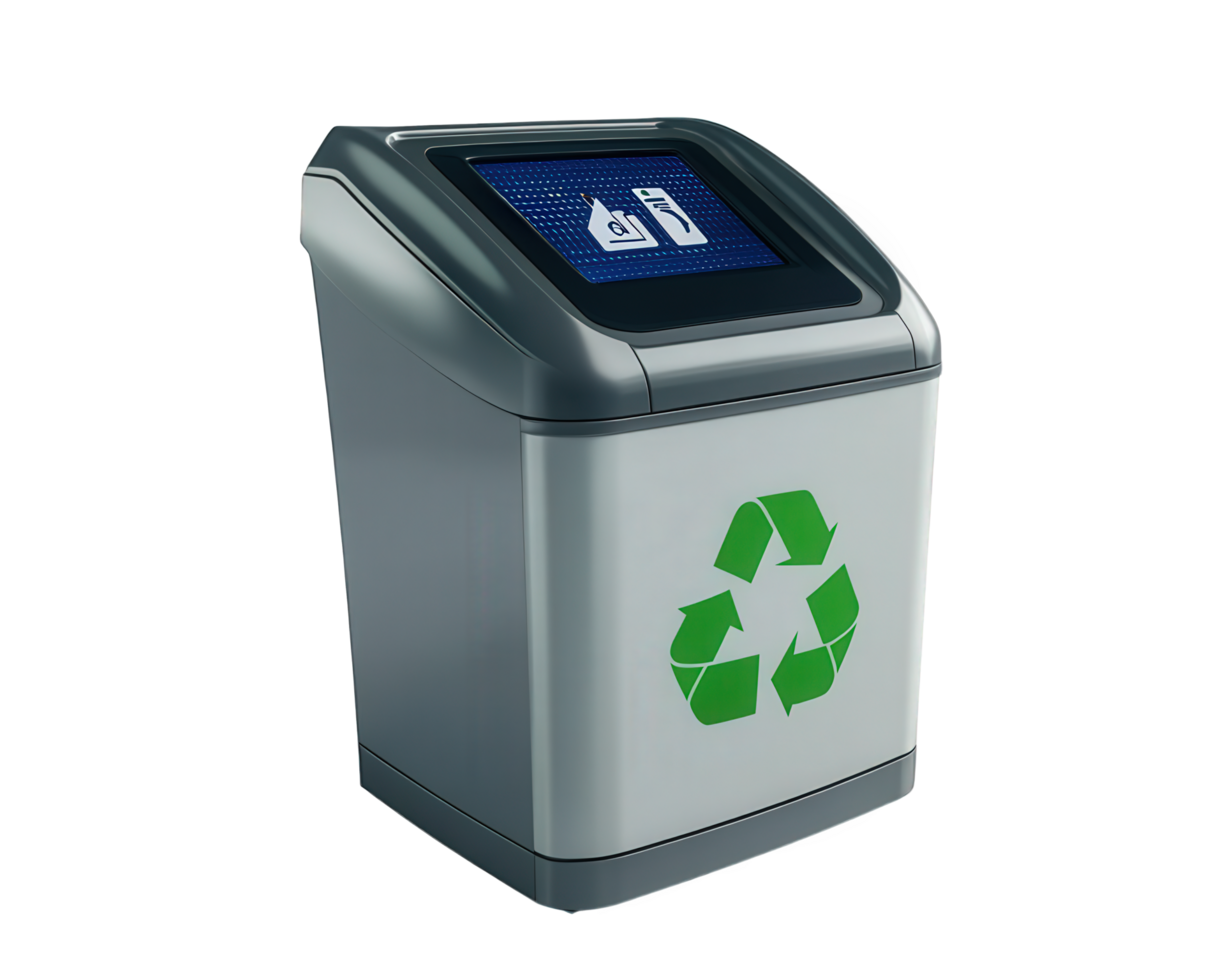 Smart recycling bin with digital screen for waste sorting and disposal. This innovative design promotes eco friendly practices and enhances recycling efficiency png
