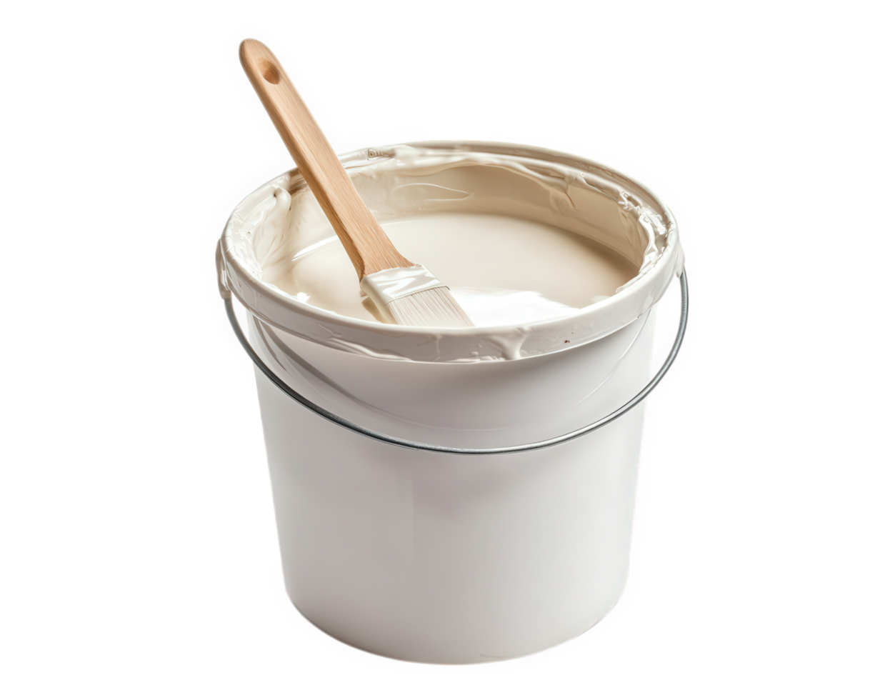 bucket of white paint with stir stick, perfect for home improvement projects. Ideal for DIY enthusiasts and professional painters alike, this versatile paint is ready for use png