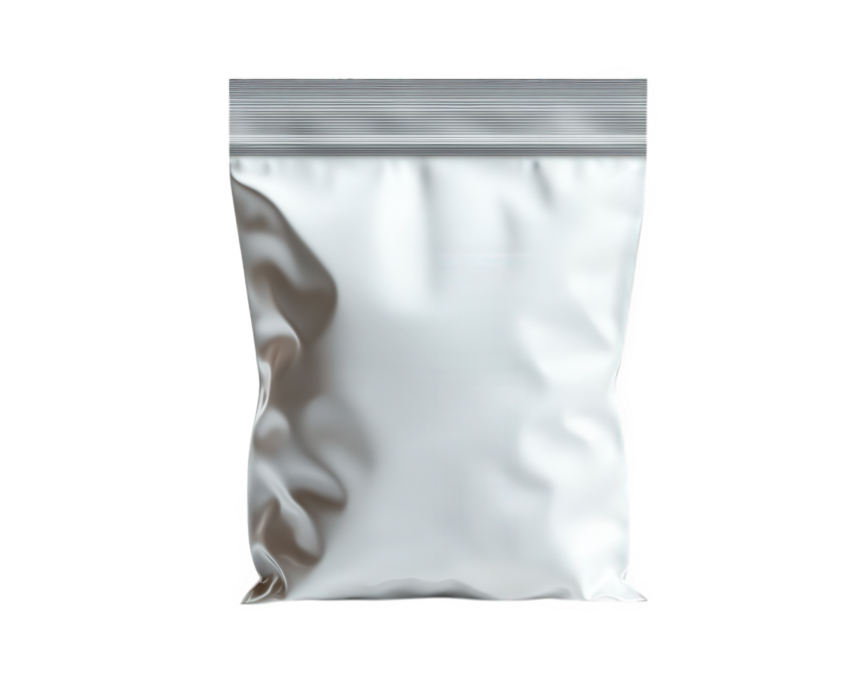 plain white packaging bag with resealable top, ideal for various products. This versatile bag is perfect for storage and organization, offering clean and simple design png