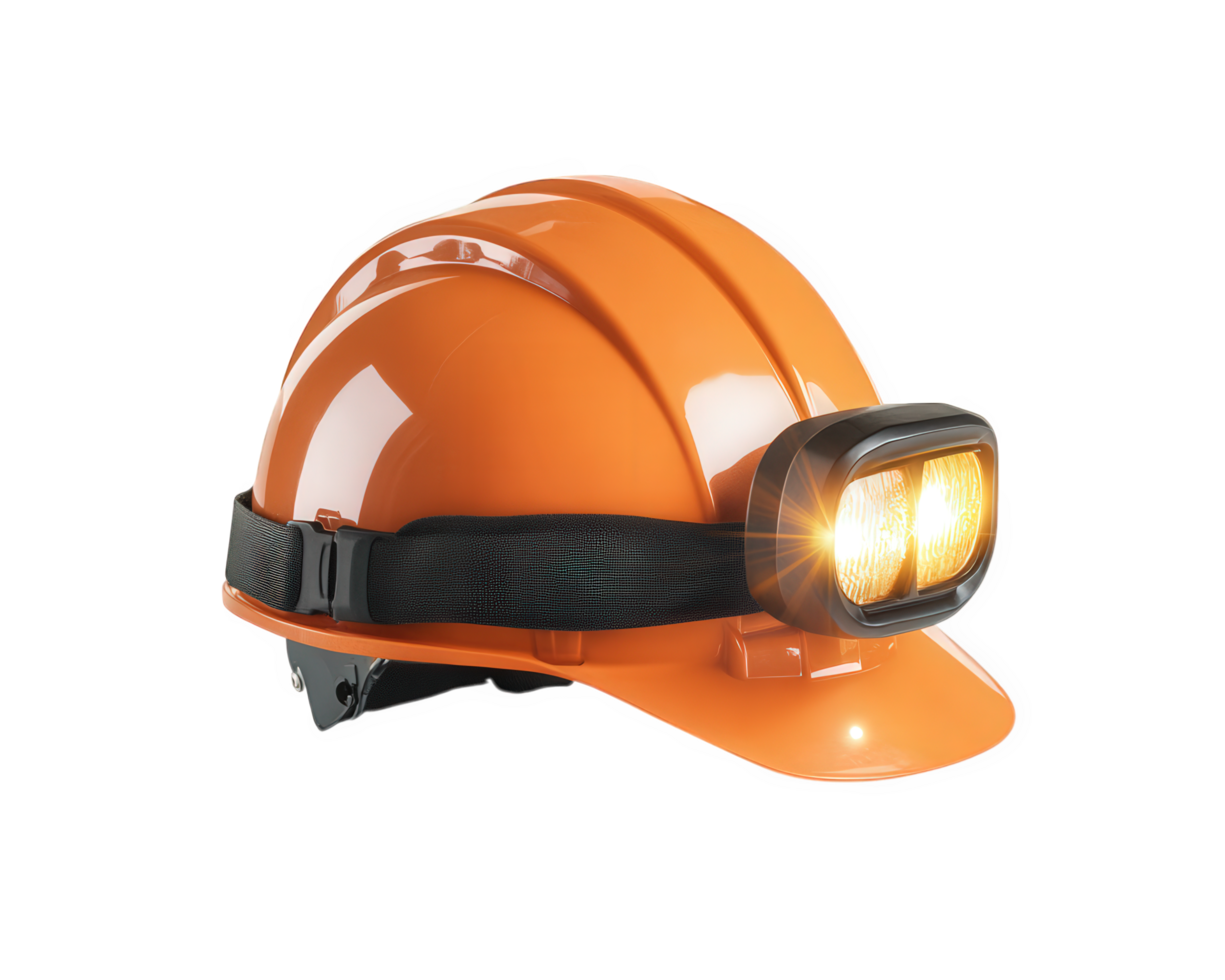 bright orange construction helmet with headlamp, ideal for safety in work environments. This essential gear ensures visibility and protection during tasks png