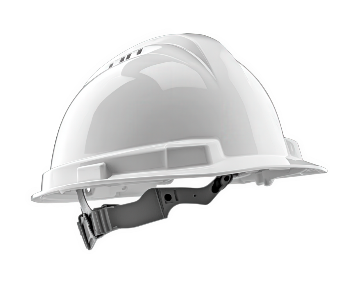 construction hard hat white color, designed for safety and protection job sites. This durable helmet is essential for workers various industries, ensuring compliance with safety regulations png