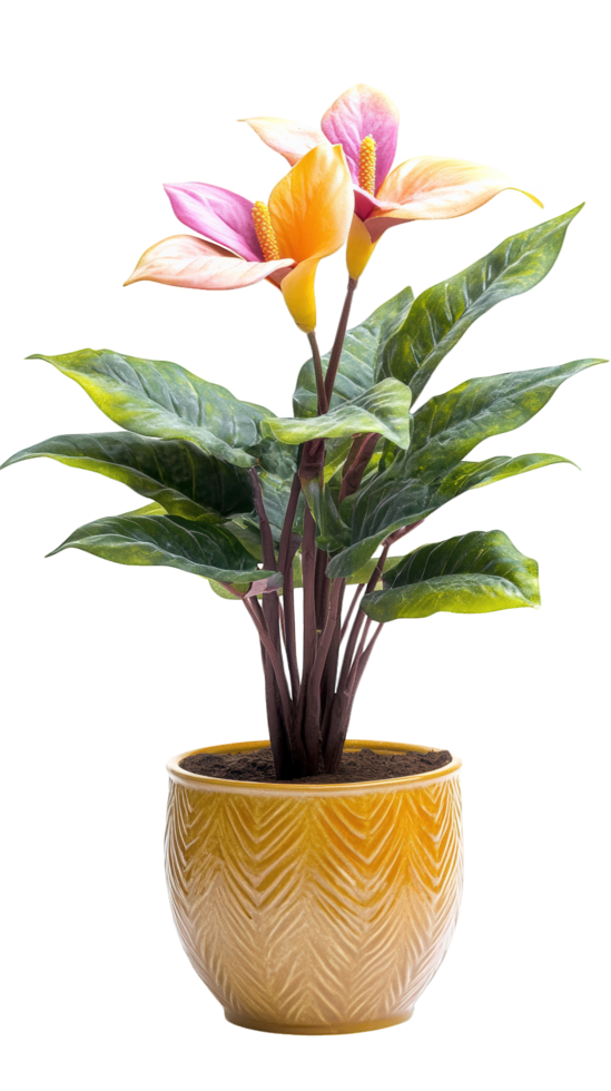 A yellow flower pot with pink and orange flowers png