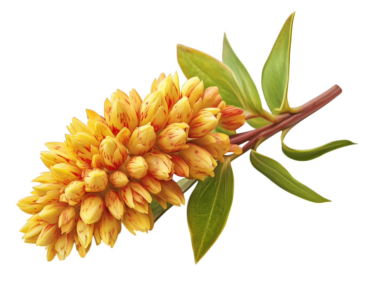 A yellow flower with green leaves on a black background png