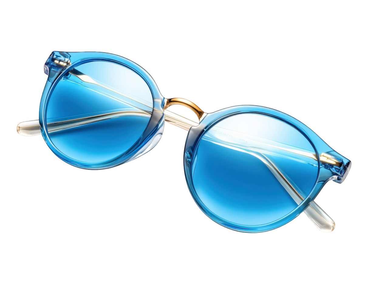 Stylish blue sunglasses with round lenses and transparent frame, perfect for summer fashion and outdoor activities png