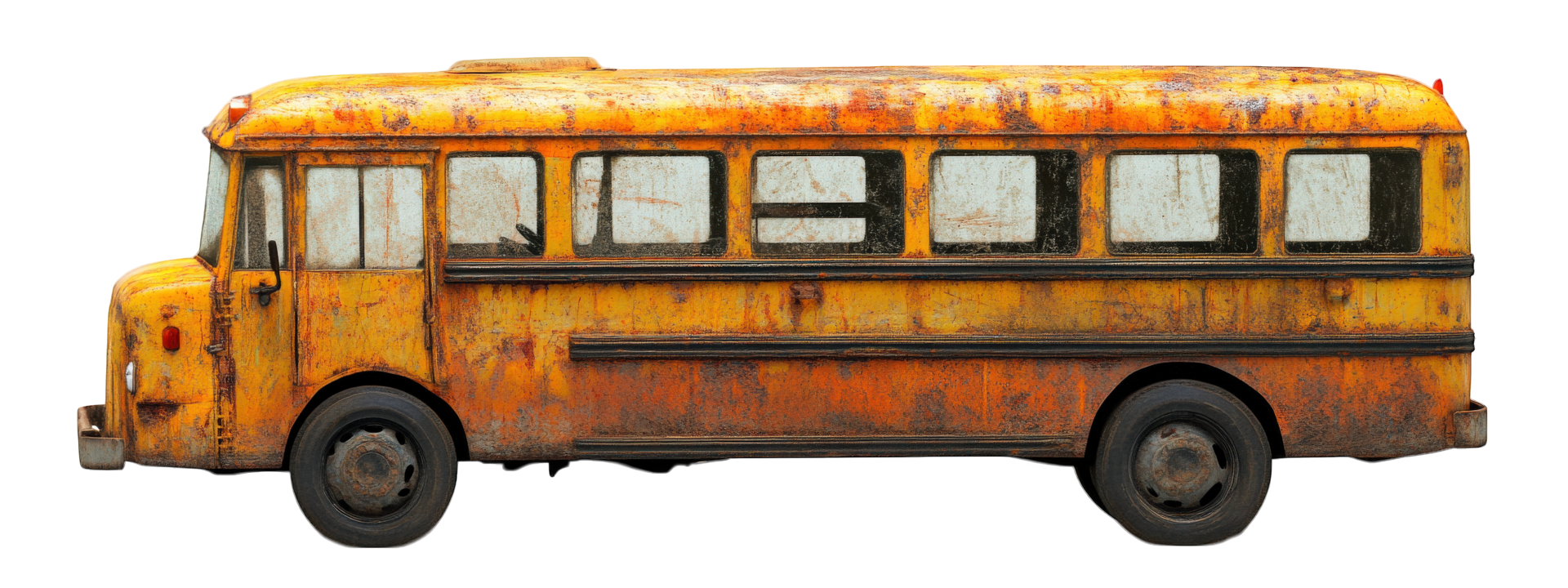 A rusty school bus is shown in a black background png