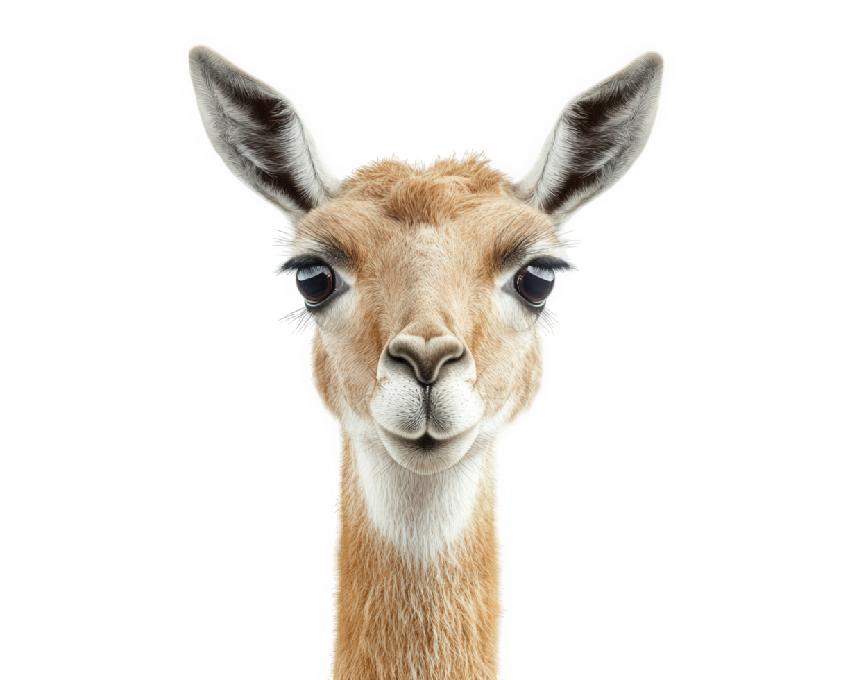 realistic illustration of smiling giraffe with large eyes and detailed fur, showcasing its unique features and friendly expression png