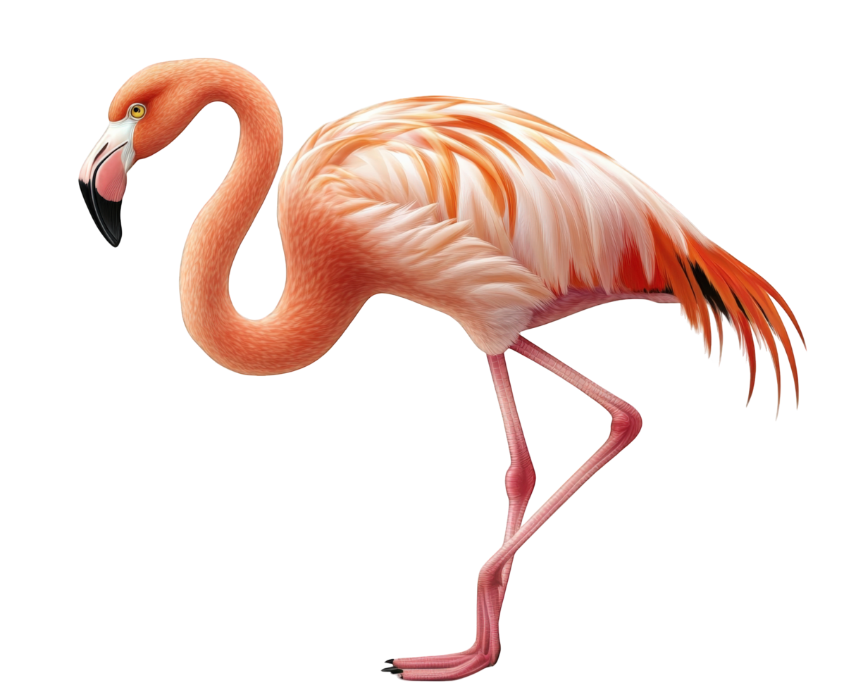 vibrant pink flamingo standing gracefully one leg, showcasing its elegant feathers and long neck. This beautiful bird is often associated with tropical environments and adds touch of exotic charm png