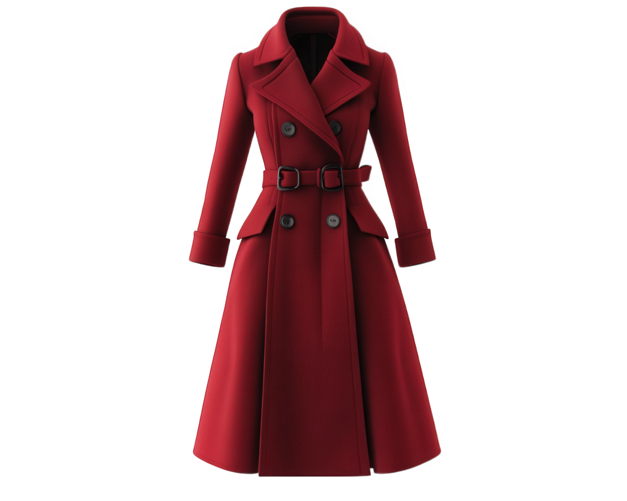Stylish red trench coat with belt and double breasted design, perfect for adding pop of color to any outfit. Ideal for both casual and formal occasions png
