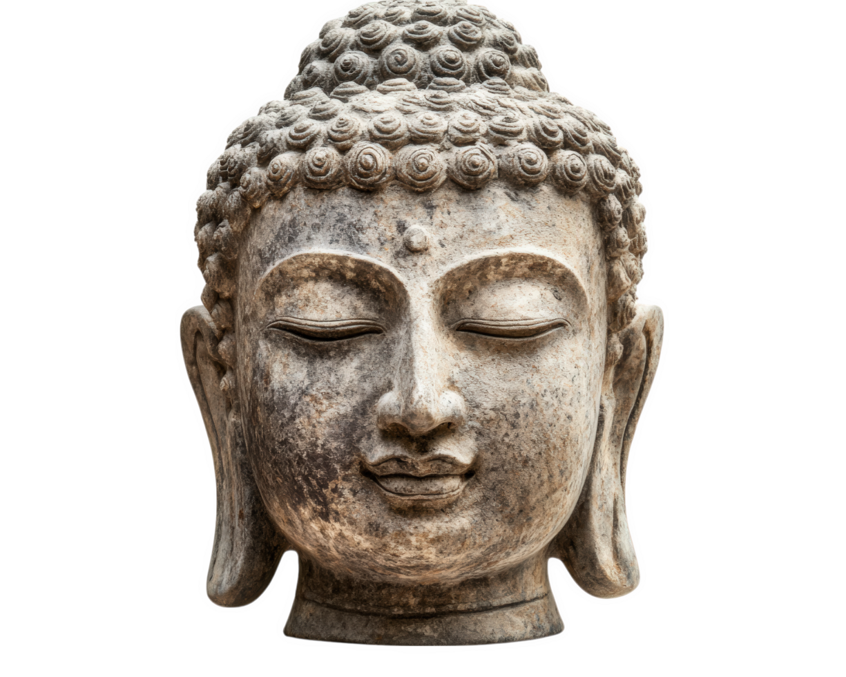 serene Buddha head sculpture with intricate details, symbolizing peace and tranquility. Ideal for spiritual and artistic themes png
