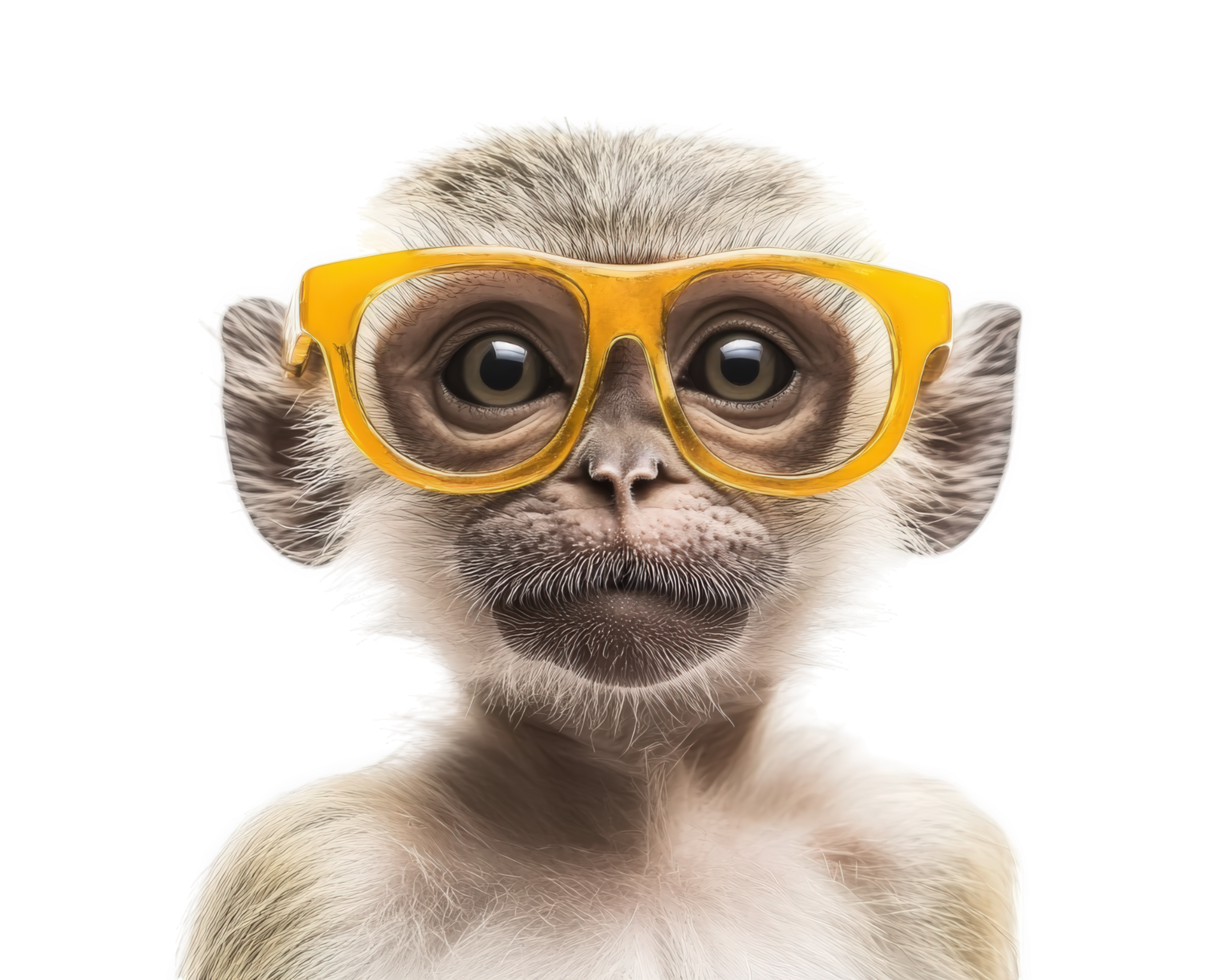 Funny monkey wearing yellow glasses, isolated on transparency background, showcasing playful expression. This adorable animal captures attention with its unique style and charm png
