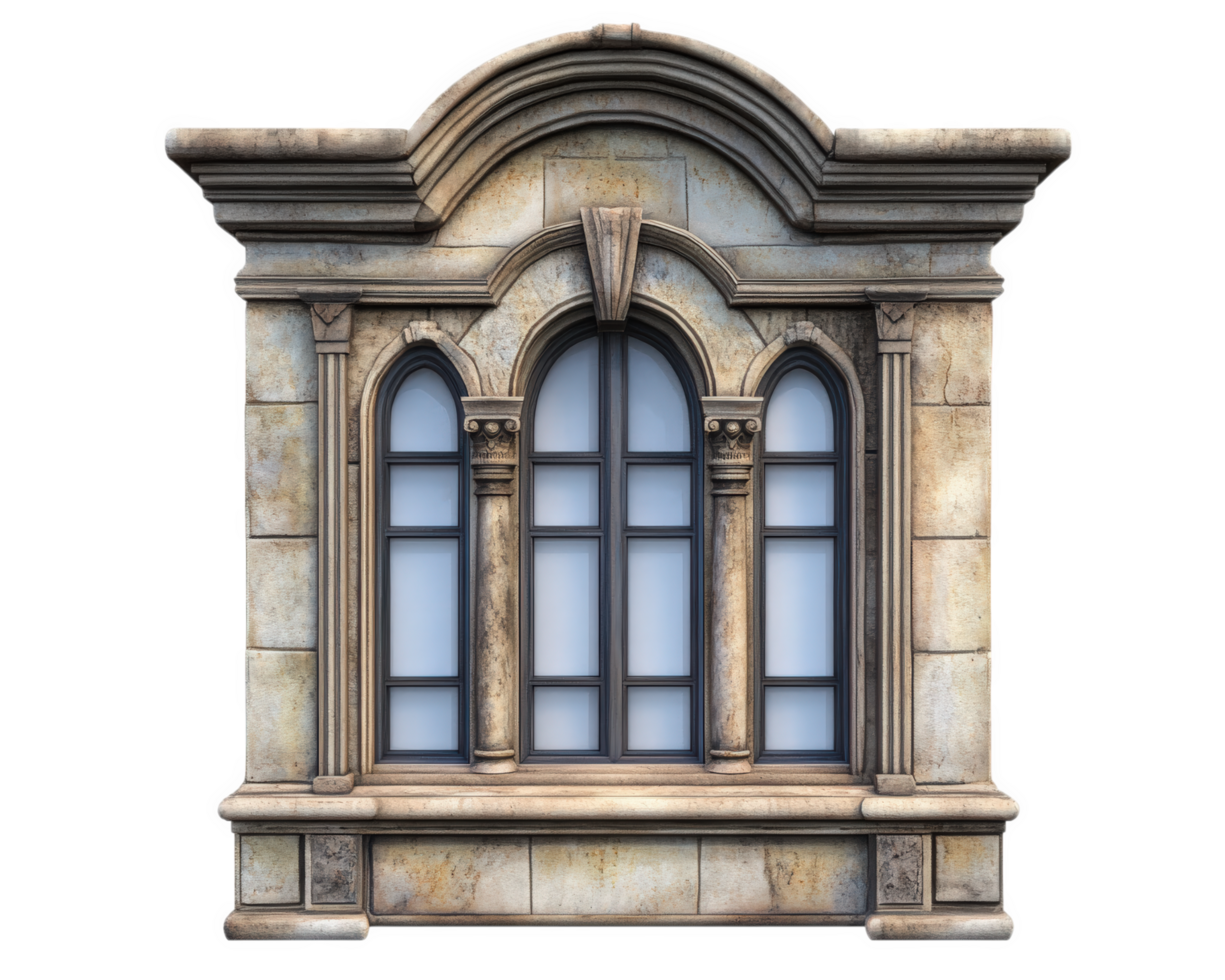 decorative architectural window with arched design and stone texture, showcasing intricate details and vintage appearance. This window adds elegance to any building facade png