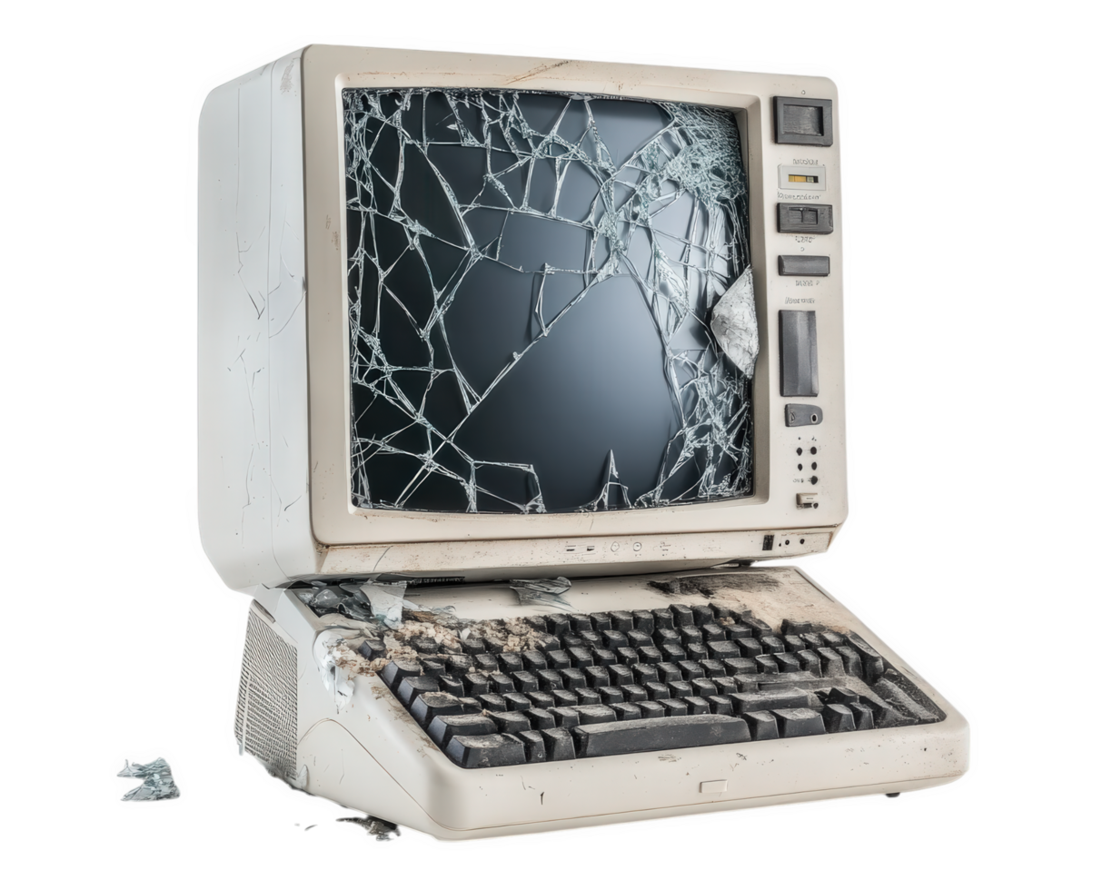 broken computer with shattered screen, displaying signs of wear and tear, isolated on transparency background. This evokes sense of nostalgia and loss png