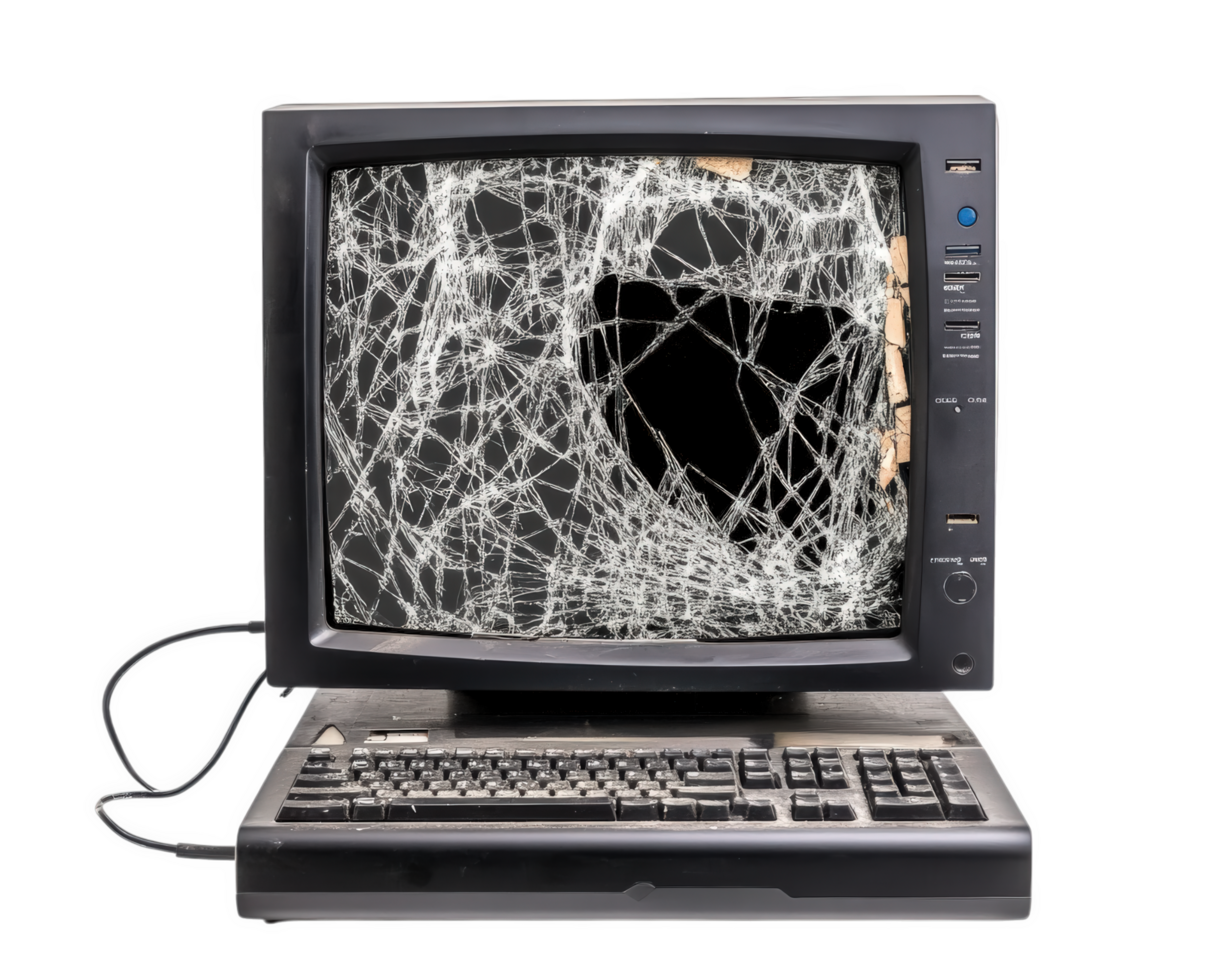 broken computer with cracked screen and tangled wires, isolated on transparency background, evokes sense of nostalgia and frustration png