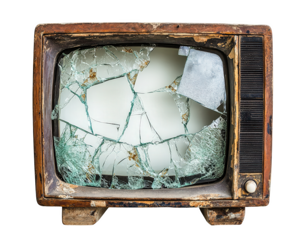 broken vintage television with shattered glass screen, showcasing its worn out exterior and nostalgic design. This evokes sense of nostalgia and loss png
