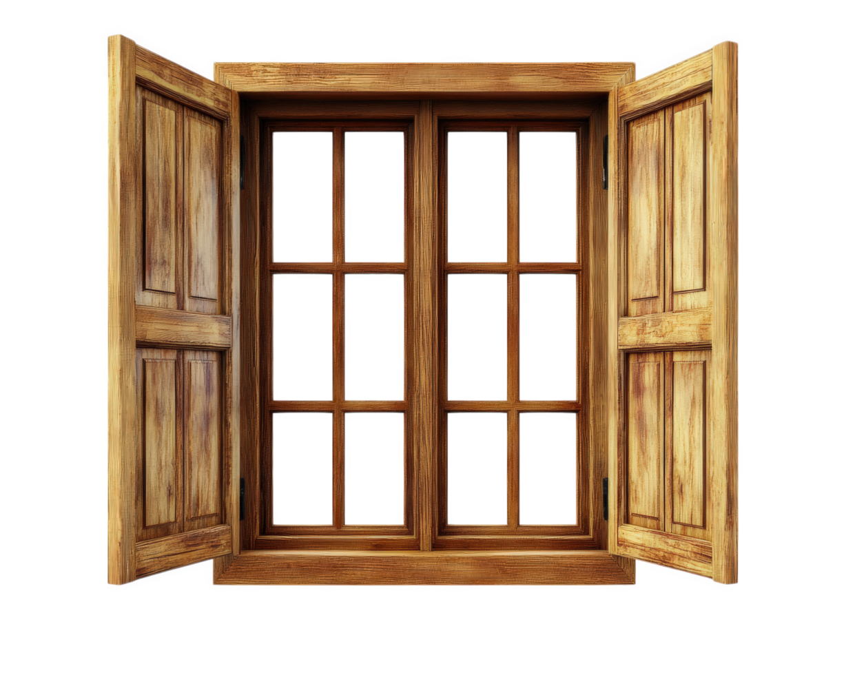 wooden window with open shutters, showcasing rustic design and warm tones, perfect for adding charm to any space png
