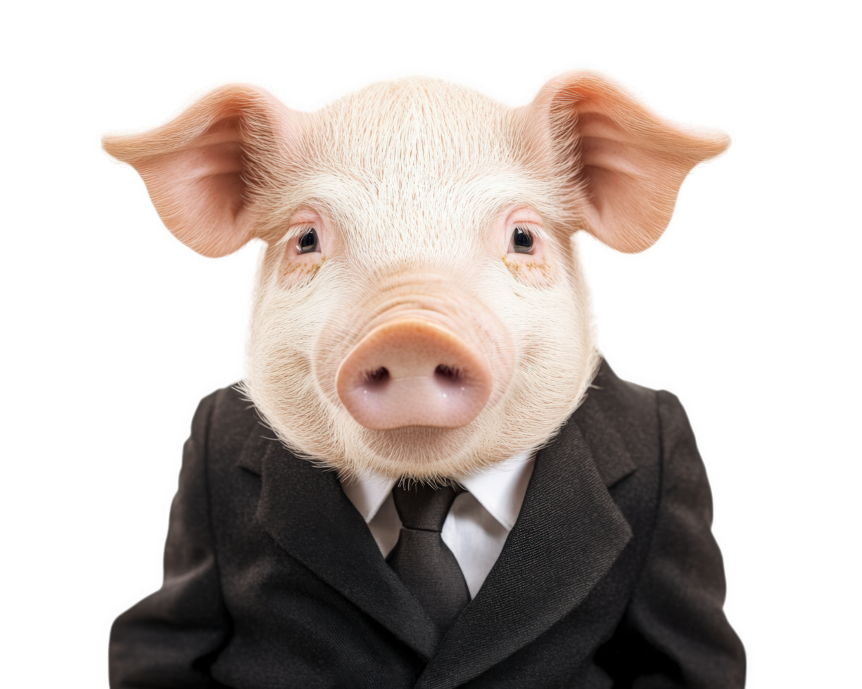 pig wearing suit, isolated on transparency background, exudes humorous and whimsical charm. This unique image captures attention with its playful expression and formal attire png