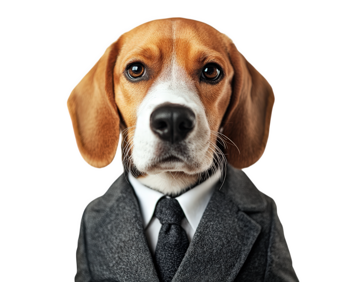 Beagle dog wearing suit, looking serious and sophisticated against transparency background. This charming canine exudes confidence and style png