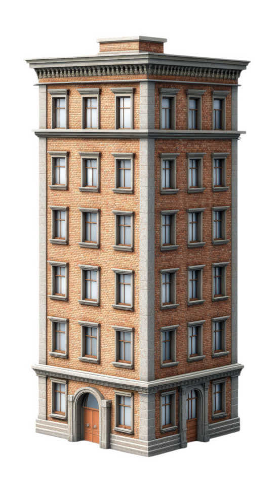 detailed illustration of classic brick building with multiple windows and distinct architectural style. structure features sturdy facade and welcoming entrance, perfect for urban settings png