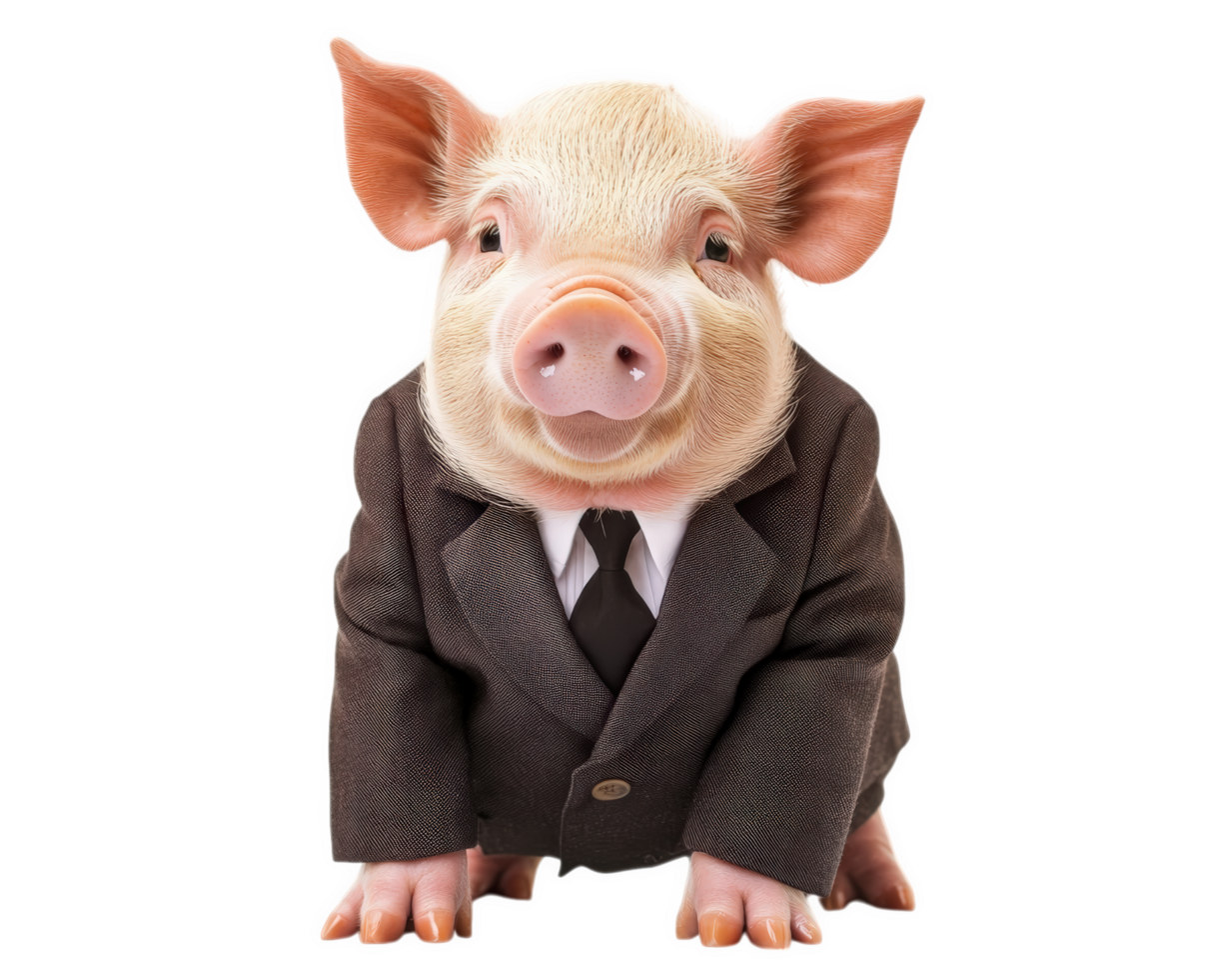 pig wearing suit, isolated on transparency background, exudes playful and humorous vibe. This unique image captures attention with its charming expression and formal attire png
