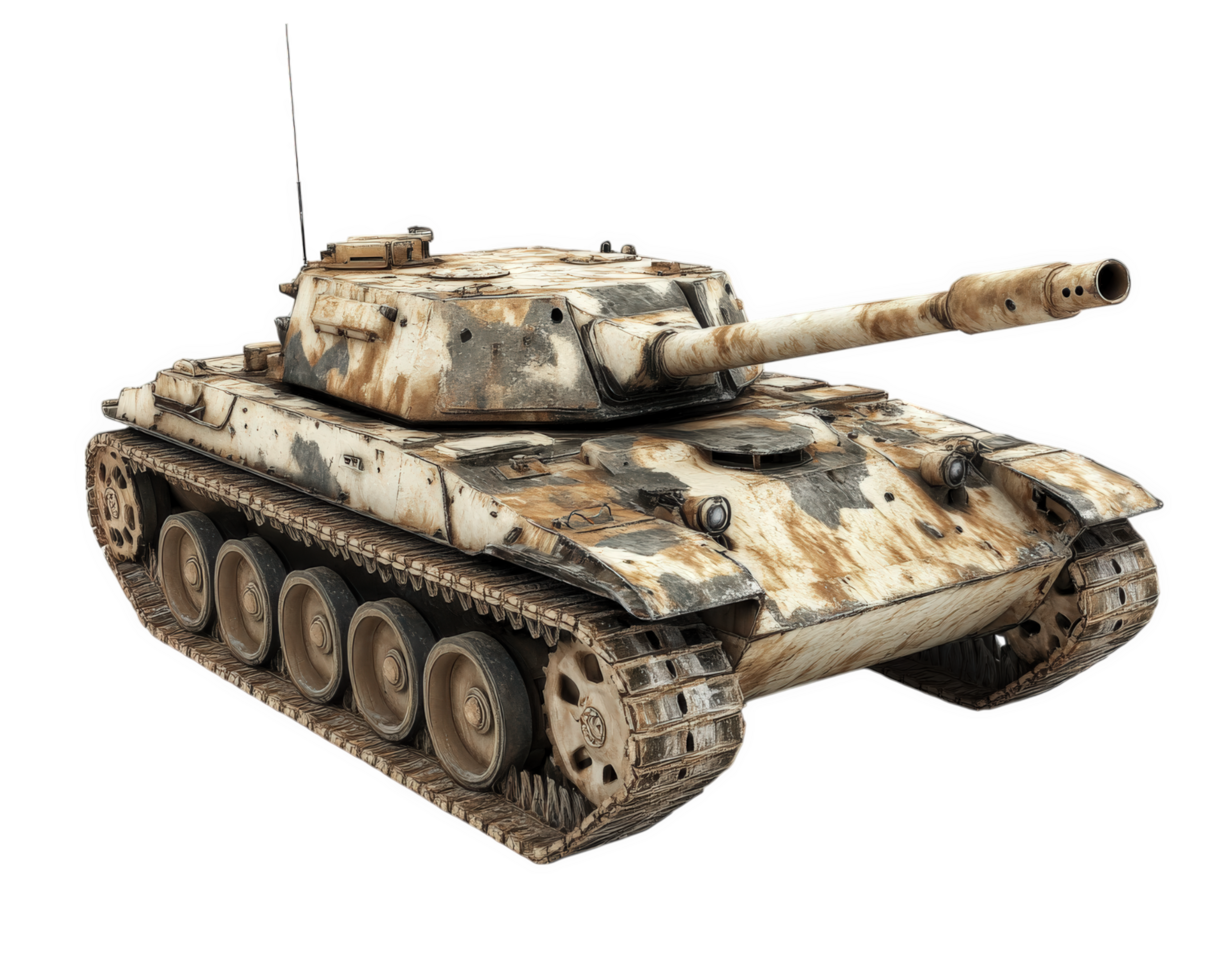 weathered military tank with rusty exterior, showcasing battle scars and aged appearance. tank is isolated on transparency background, emphasizing its rugged design and historical significance png