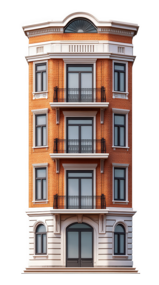 Modern brick building with balconies and large windows, showcasing elegant architecture and classic design. Perfect for urban settings and residential purposes png