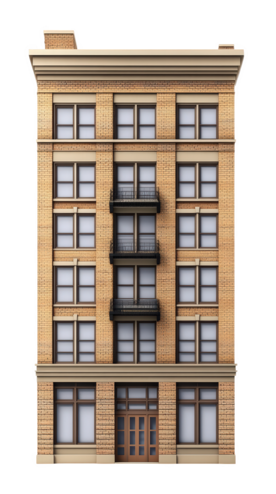 classic brick building with multiple windows and balconies, showcasing vintage architectural style. structure stands tall, emphasizing its historical charm and urban appeal png
