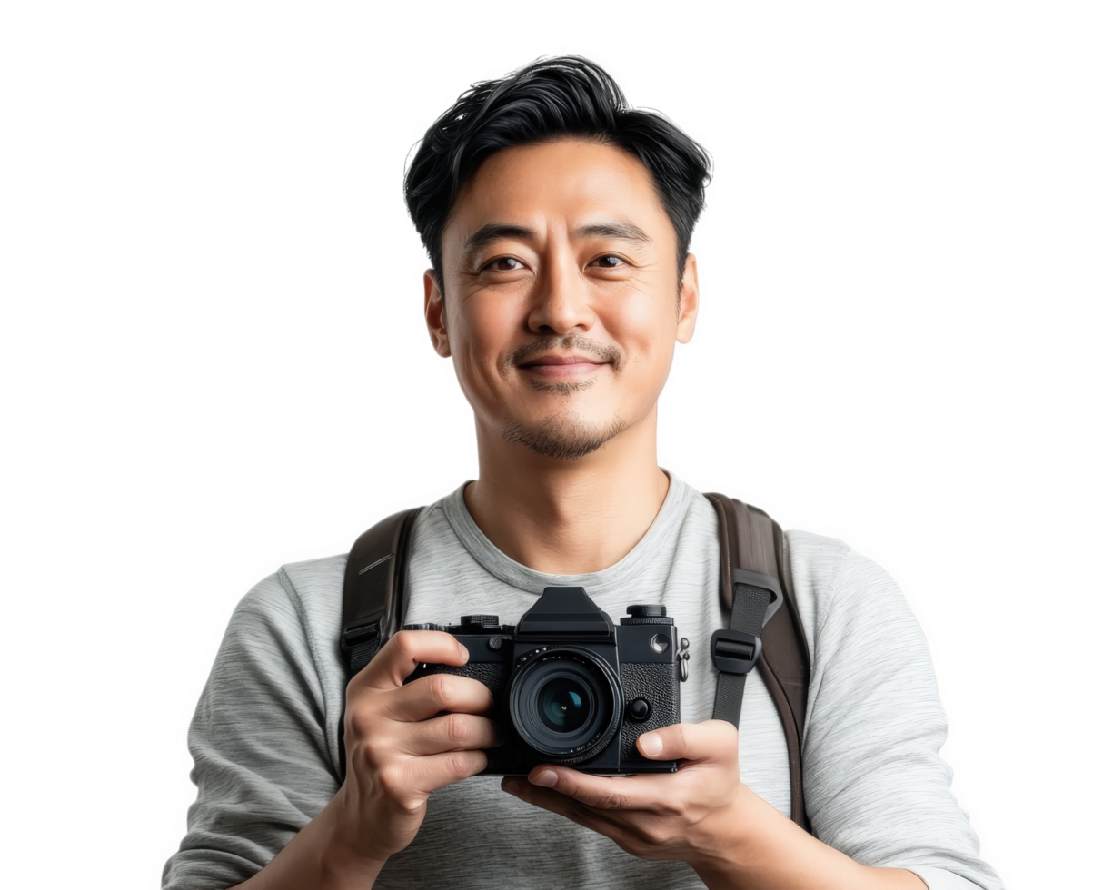 man holding camera, smiling, wearing backpack, casual attire, photography enthusiast, isolated on plain background png