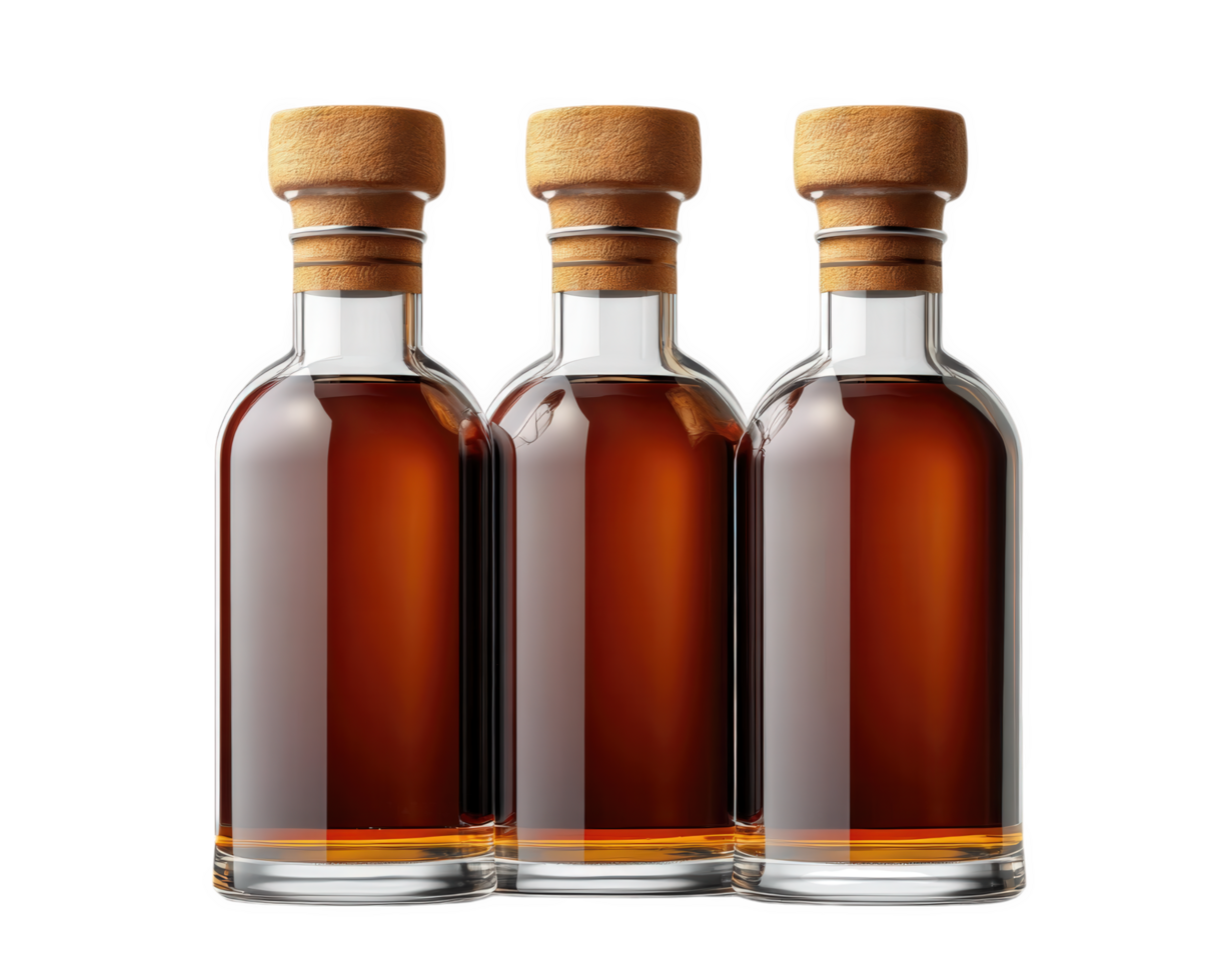 Three glass bottles of whiskey with wooden caps, isolated on transparency background, showcasing rich amber color and elegant design. Perfect for beverage displays or product promotions png