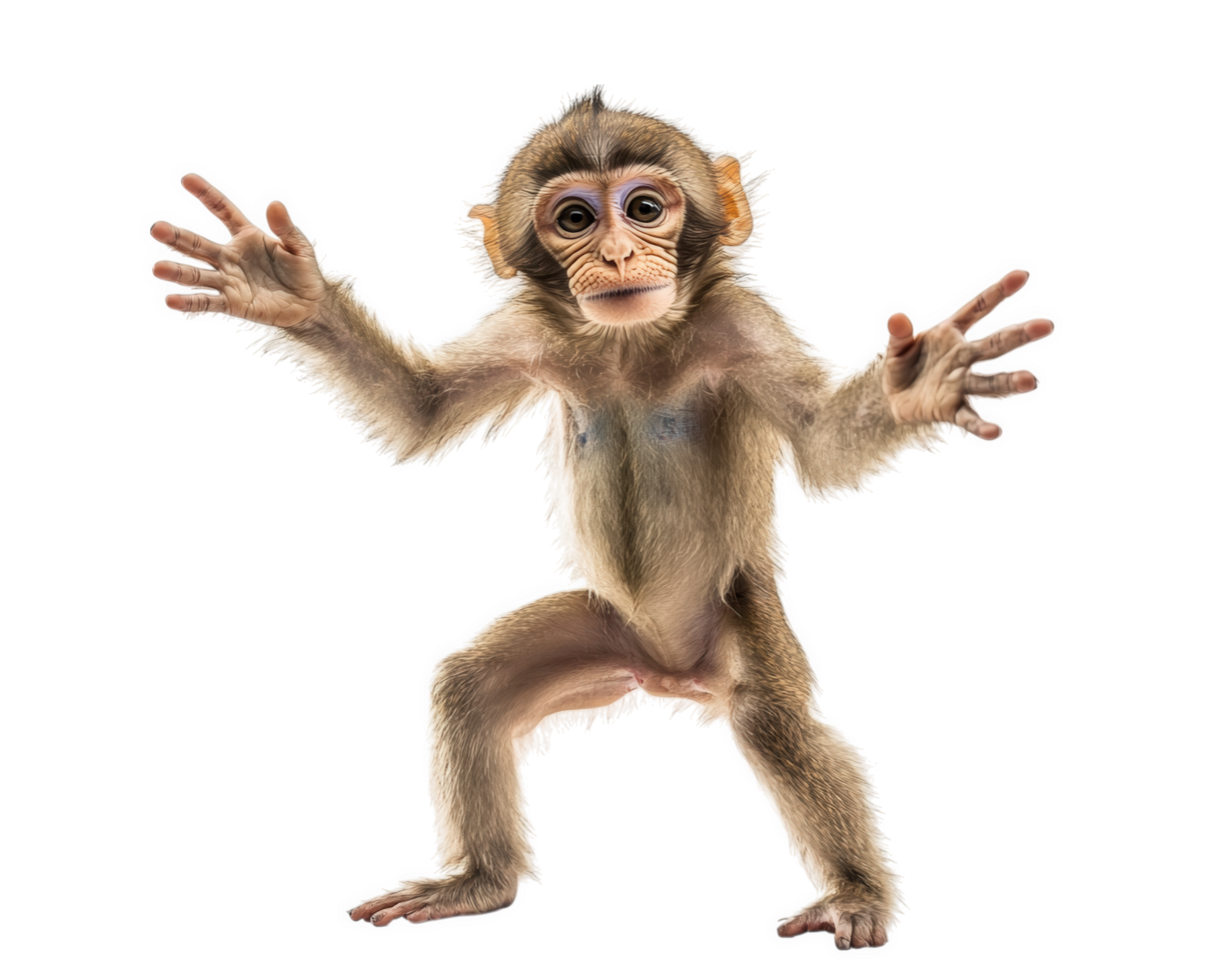playful monkey with outstretched arms, showcasing lively expression. This animal is isolated on transparency background, perfect for various creative projects png