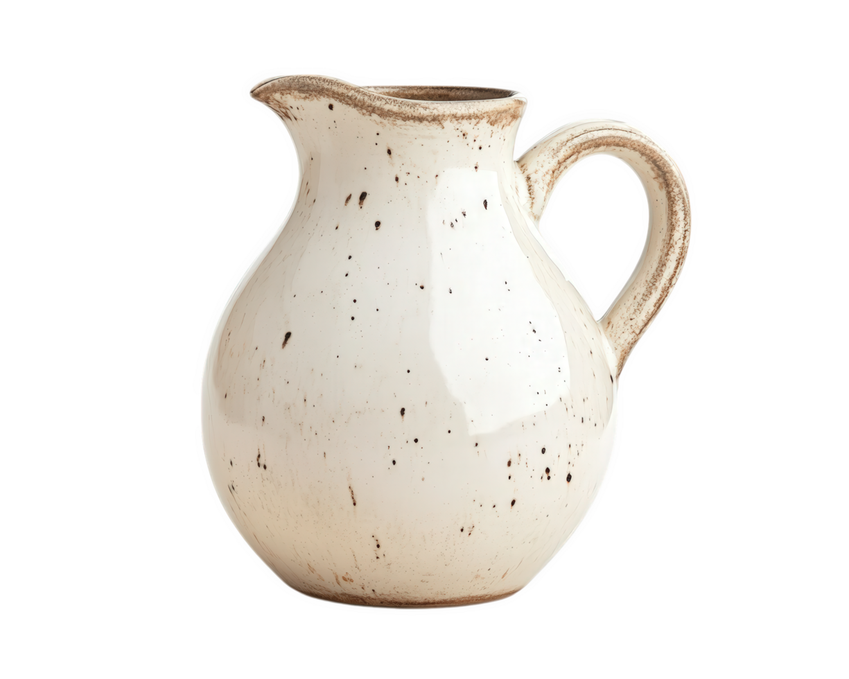 Ceramic pitcher with speckled white finish and curved handle, perfect for serving beverages or as decorative piece. Its rustic charm adds warmth to any setting png