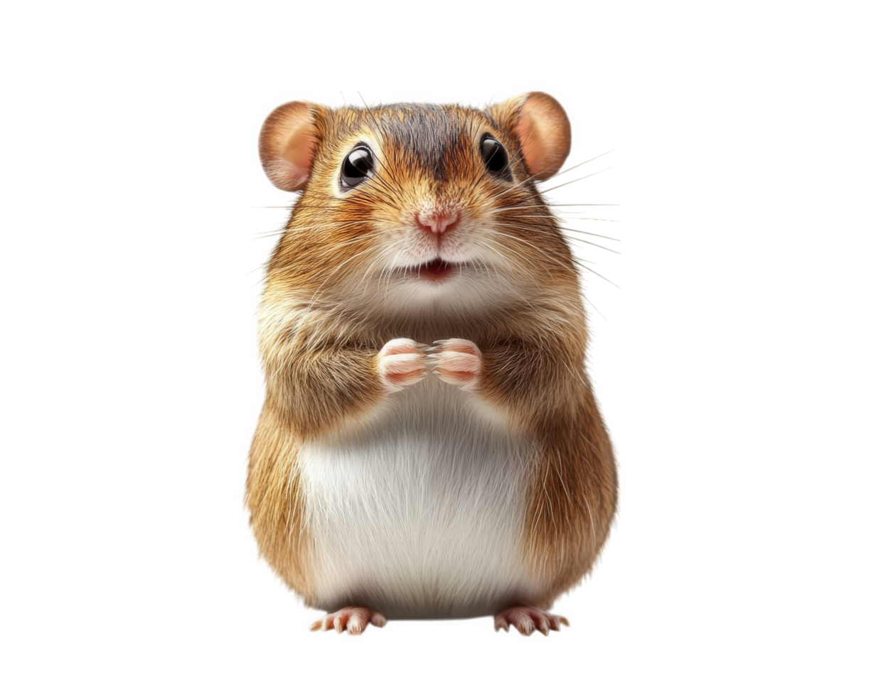 Cute hamster standing upright with paws together, showcasing its fluffy fur and expressive eyes. This adorable animal is perfect for pet lovers and animal enthusiasts png