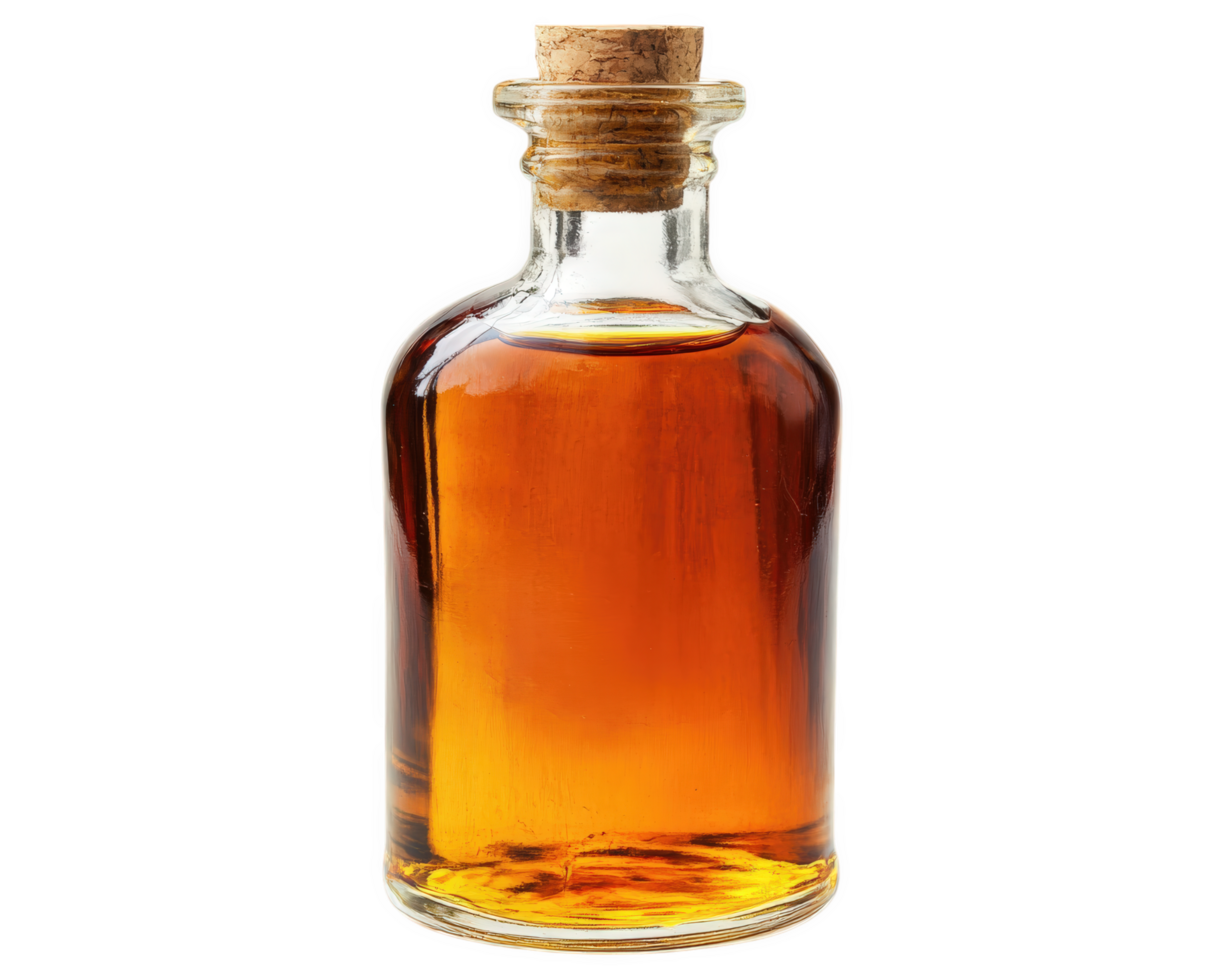 glass bottle filled with amber liquid, featuring cork stopper, isolated on transparency background. warm tones evoke sense of richness and quality png