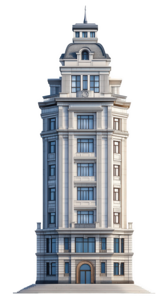 Modern architectural building with classic design, featuring tall structure, decorative elements, and large windows. This elegant building stands out with its unique style and grandeur png