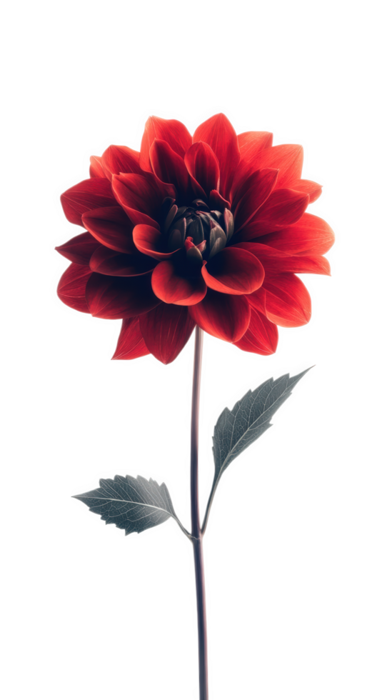 vibrant red flower with layered petals and green leaves, isolated on transparency background, exuding beauty and elegance png