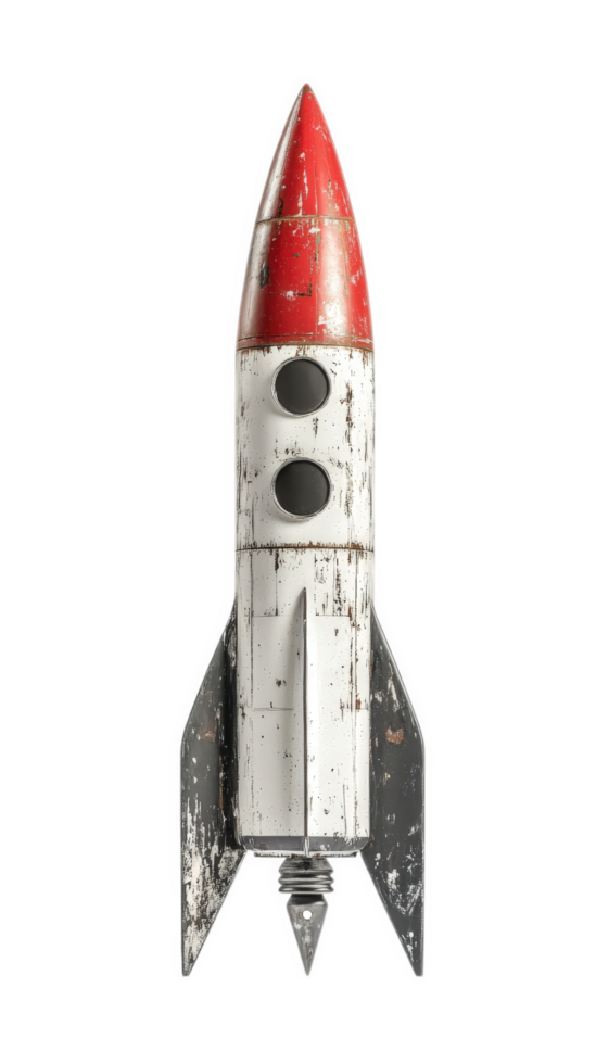 Vintage rocket toy with red tip and weathered white body, perfect for nostalgic decor or children playtime png