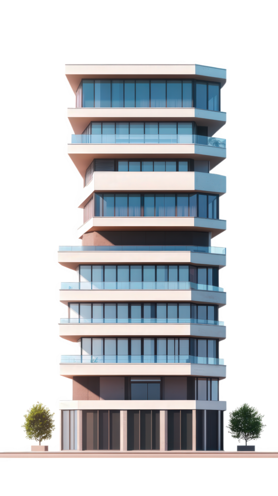 Modern building with multiple floors and large windows, featuring unique architectural design. structure is surrounded by greenery, creating harmonious urban environment png