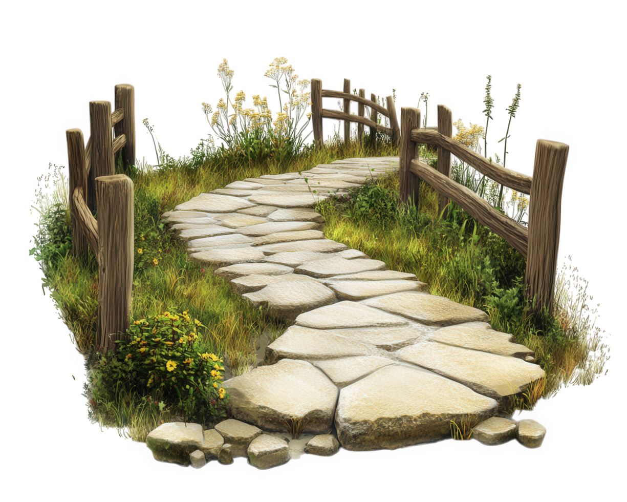 A stone path in the grass with a fence png