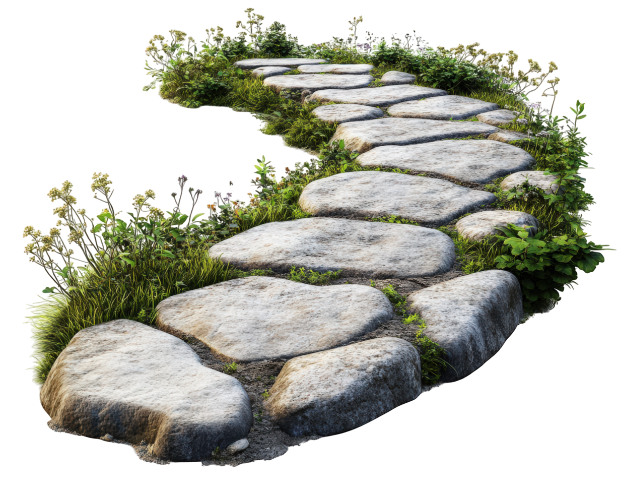winding stone pathway surrounded by lush greenery and wildflowers, creating serene outdoor atmosphere. This picturesque scene invites tranquility and nature appreciation png